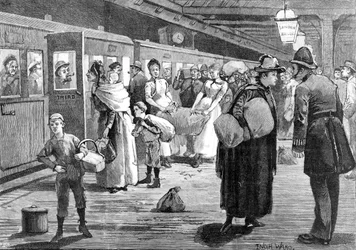 Hopplukkers vertrekken vanaf het London Bridge treinstation om middernacht, 1891